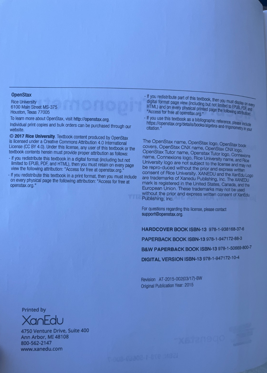 Algebra and Trigonometry by OpenStax, paperback, Part 2, Chapters 8-13