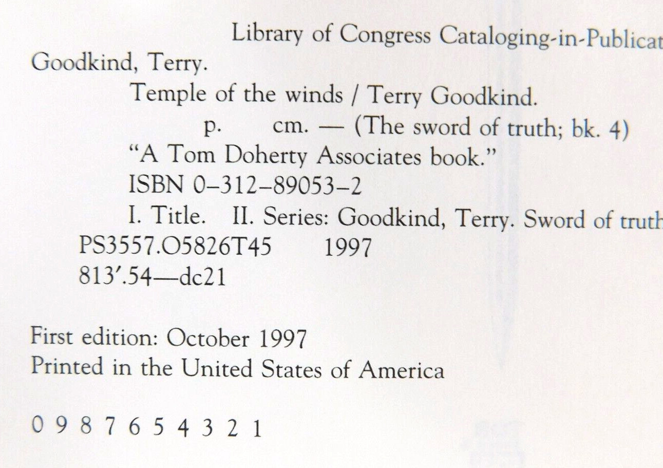 Collectible TERRY GOODKIND True 1st ed TEMPLE OF THE WINDS 528 pages 1997 HCDJ