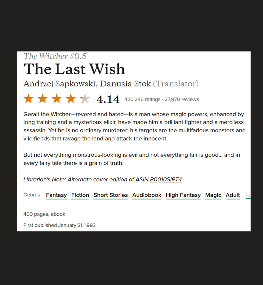 Book Last Wish Witcher 0.5 Sapkowski Fantasy Netflix Tie-in Trade PB Magic