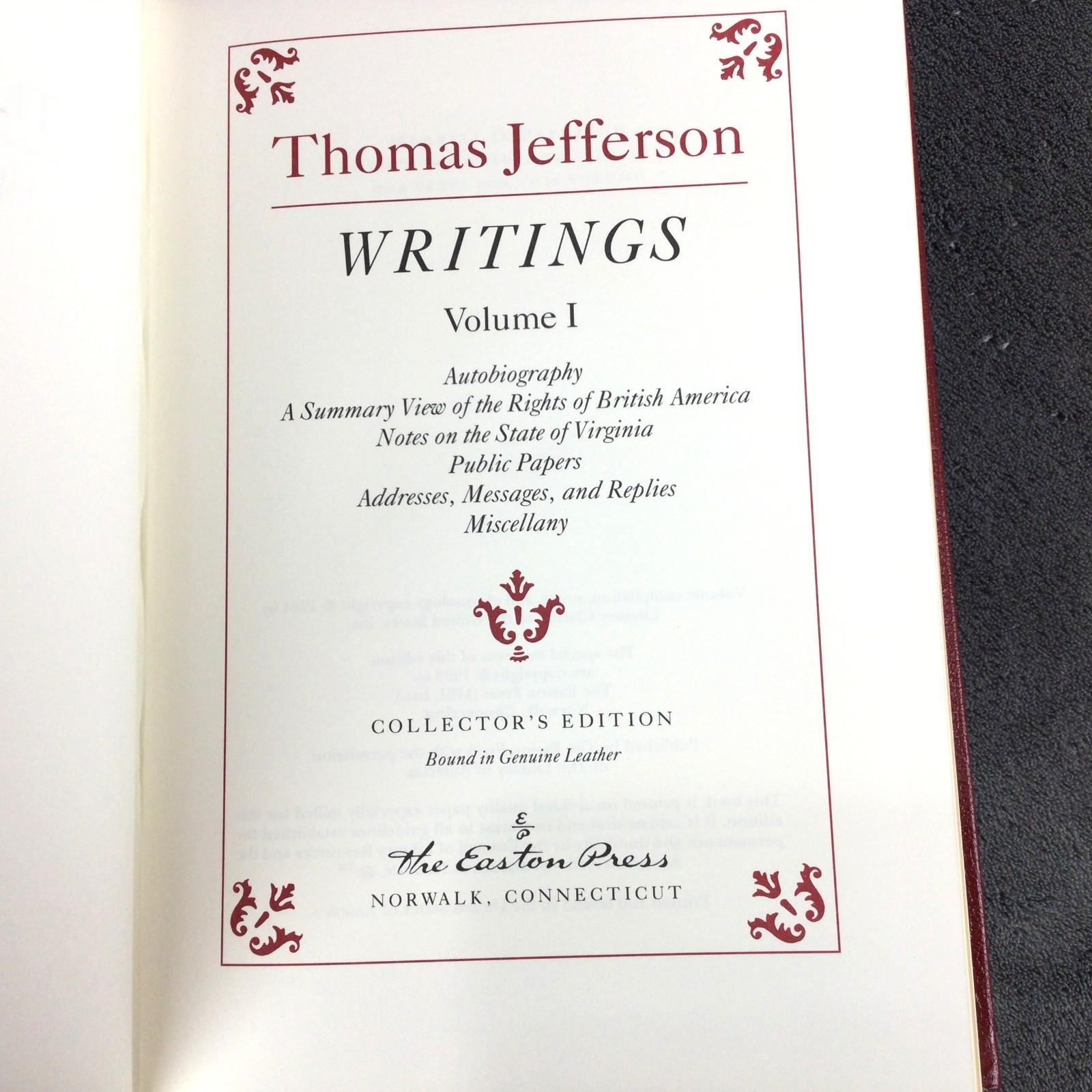 Thomas Jefferson Writings EASTON PRESS I & II Volumes 1 & 2 Red Leather Bound HC