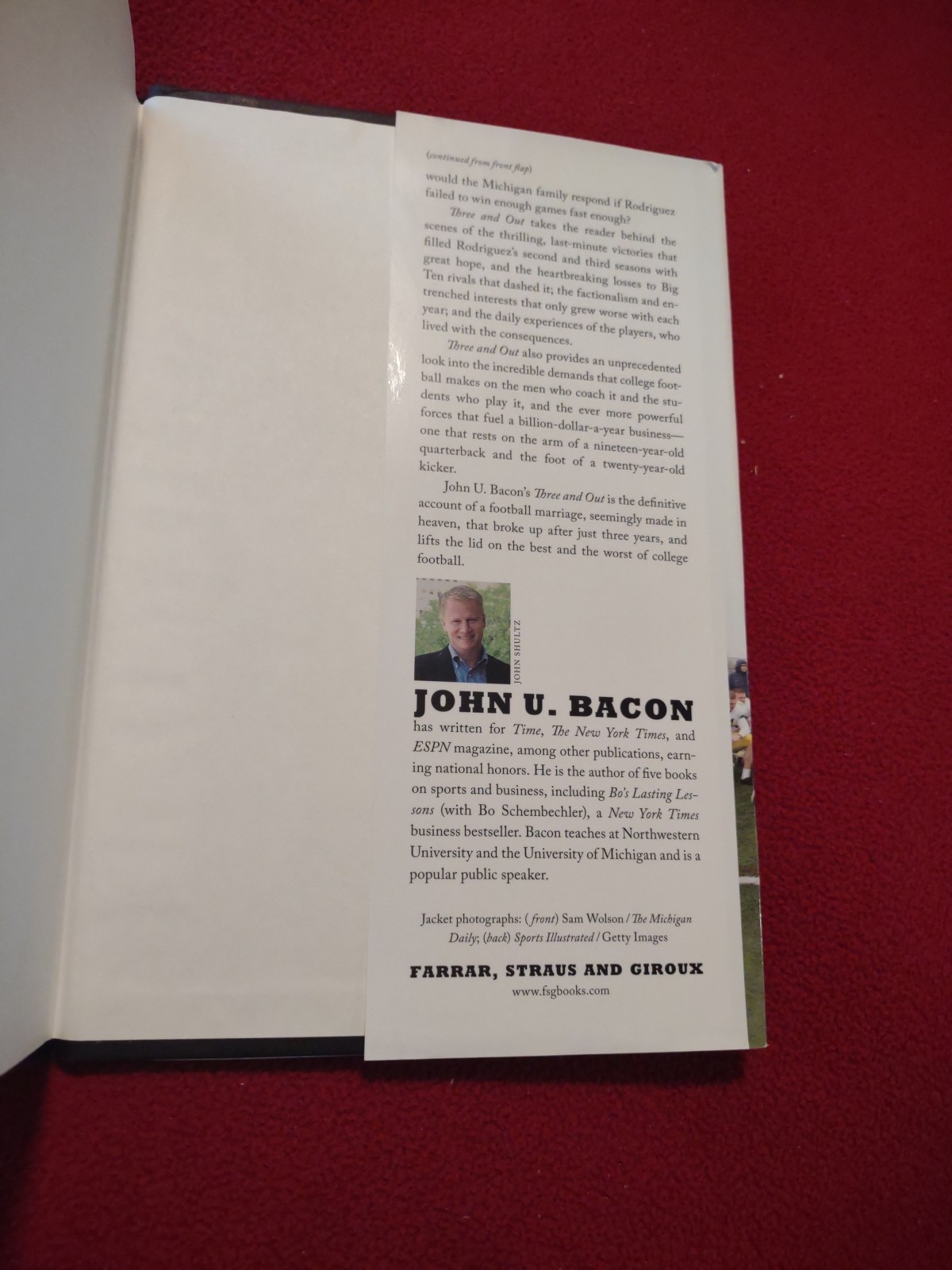 John Bacon SIGNED Three and Out Rich Rodriguez Michigan Wolverines First Edition