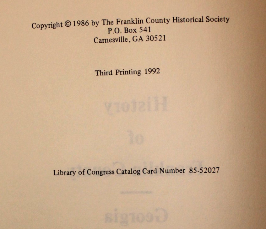 HISTORY OF FRANKLIN COUNTY, GEORGIA (1986 HB) 860 pgs Genealogy, Cemeteries