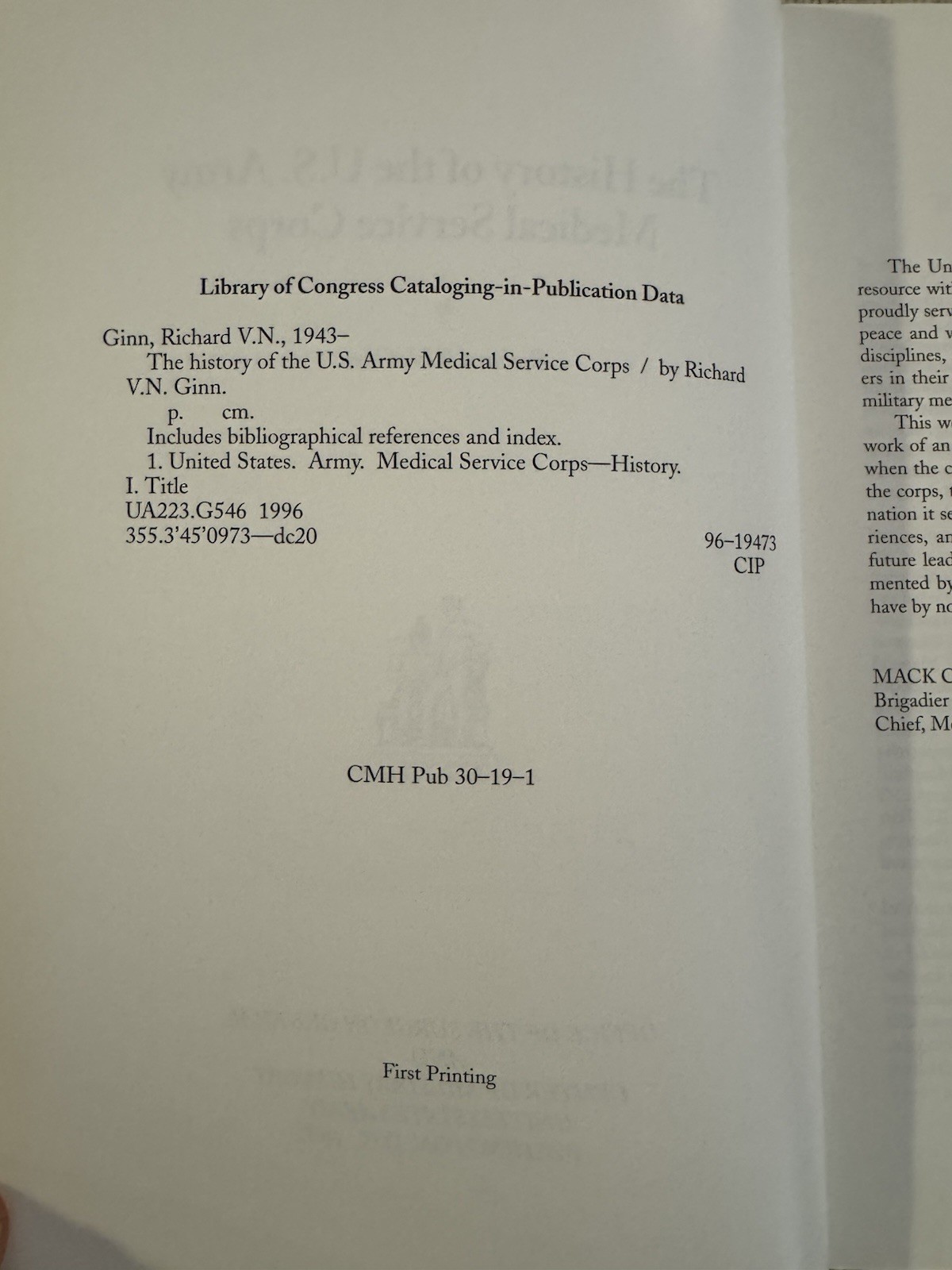 History of the U.S. Army Medical Service Corps 1996 Richard Ginn Military PB