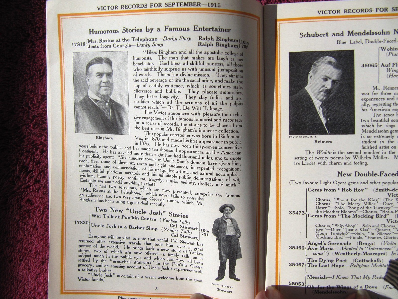 New VICTOR RECORDS Sep 1915 RASTUS STORIES Ralph Bingham Caruso Victrola CATALOG