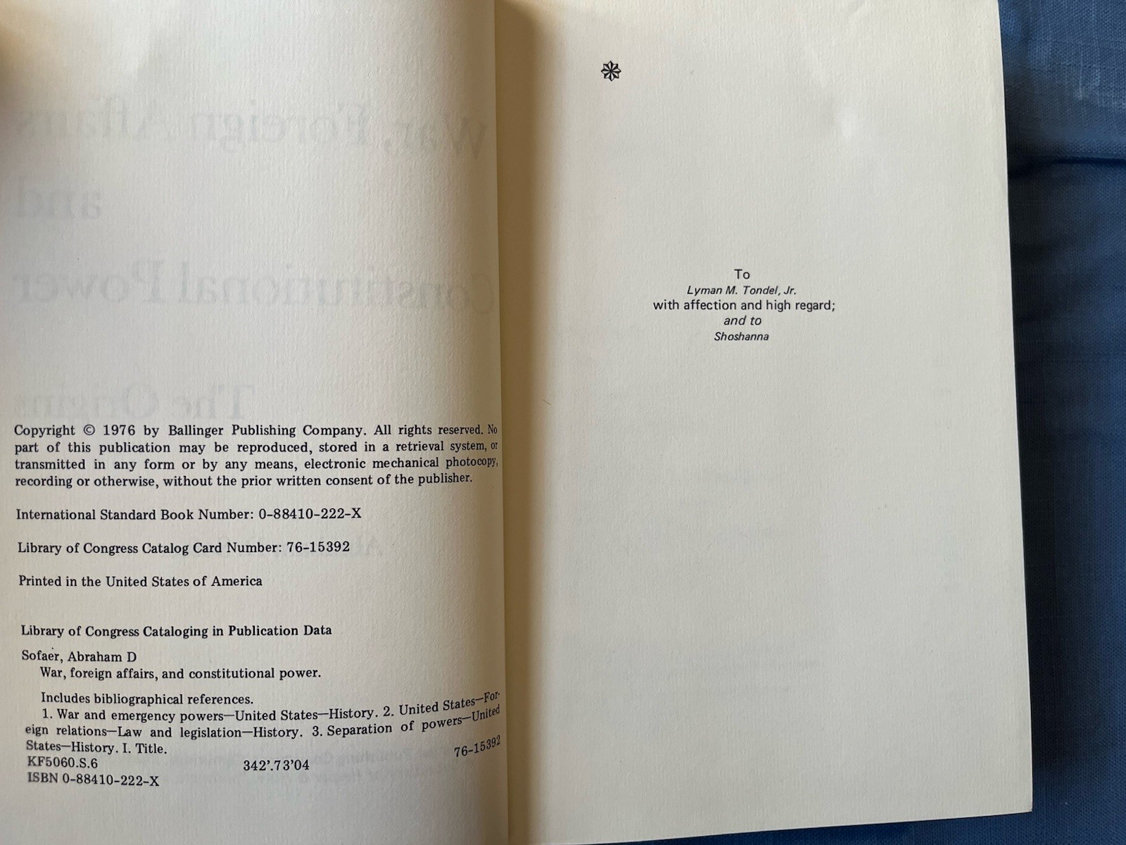 War, Foreign Affairs and Constitutional Power by Abraham D. Sofaer