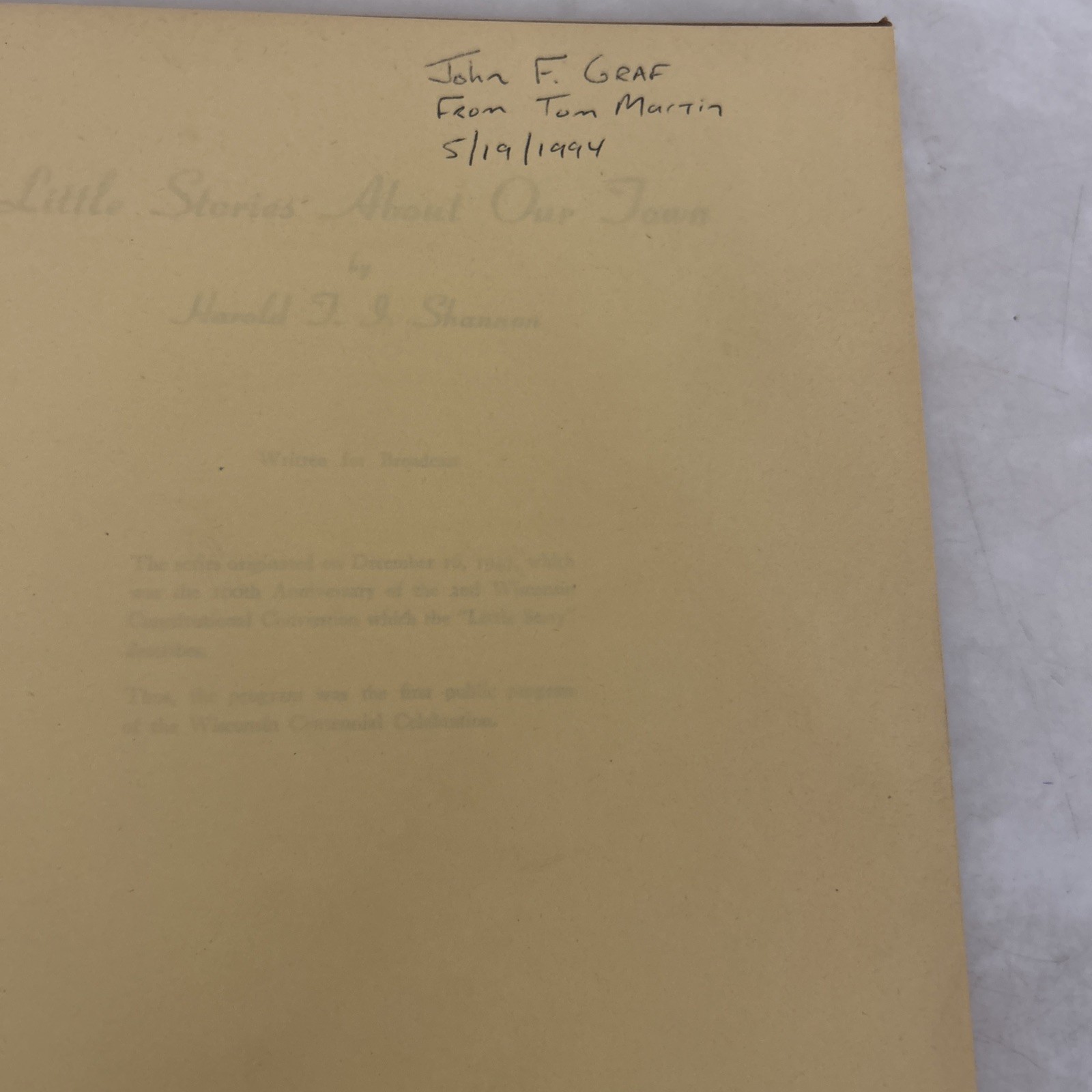 Little Stories About Our Town Harold Shannon – Green Bay Wisconsin inscribed