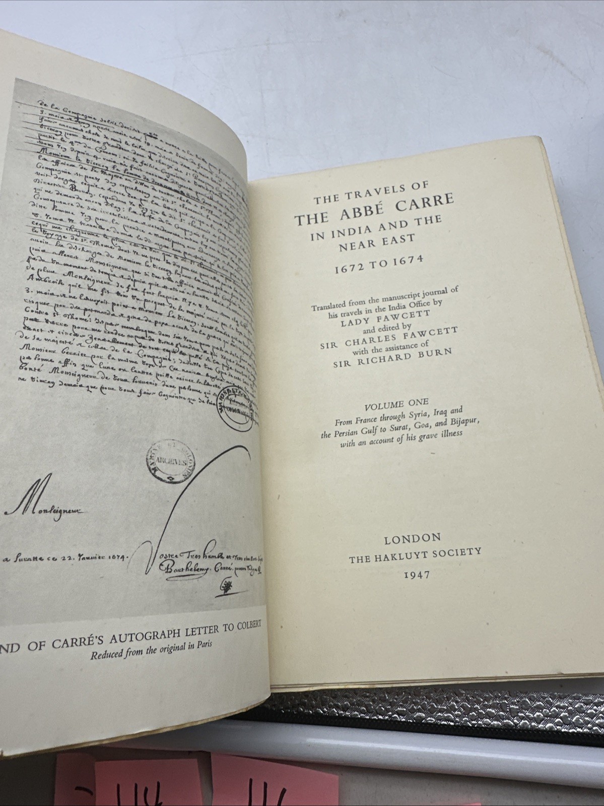 Travels Abbe Carré India 3 Vol Hakluyt 1947 Inscribed Set (AB114)