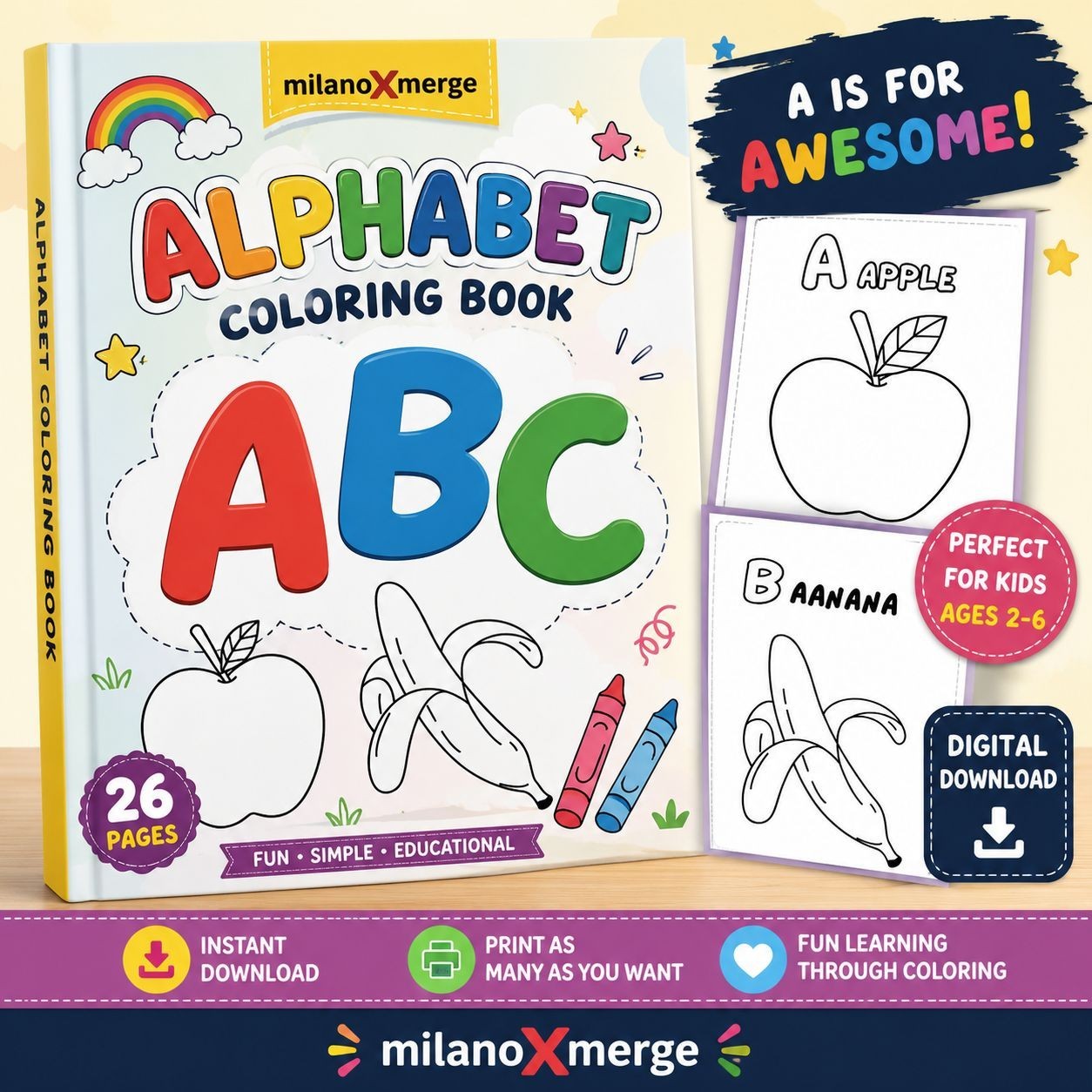 DIGITAL CONTENT – Alphabet Coloring Book – 26 Pages PRINTING REQ’D ABC Learning