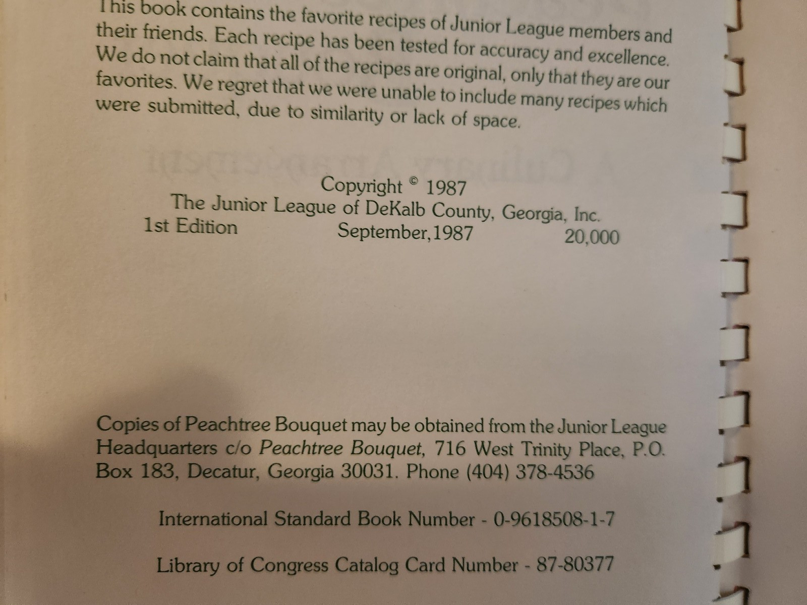 PEACHTREE BOUQUET JUNIOR LEAGUE OF DEKALB COUNTY GEORGIA 1987 1ST EDITION