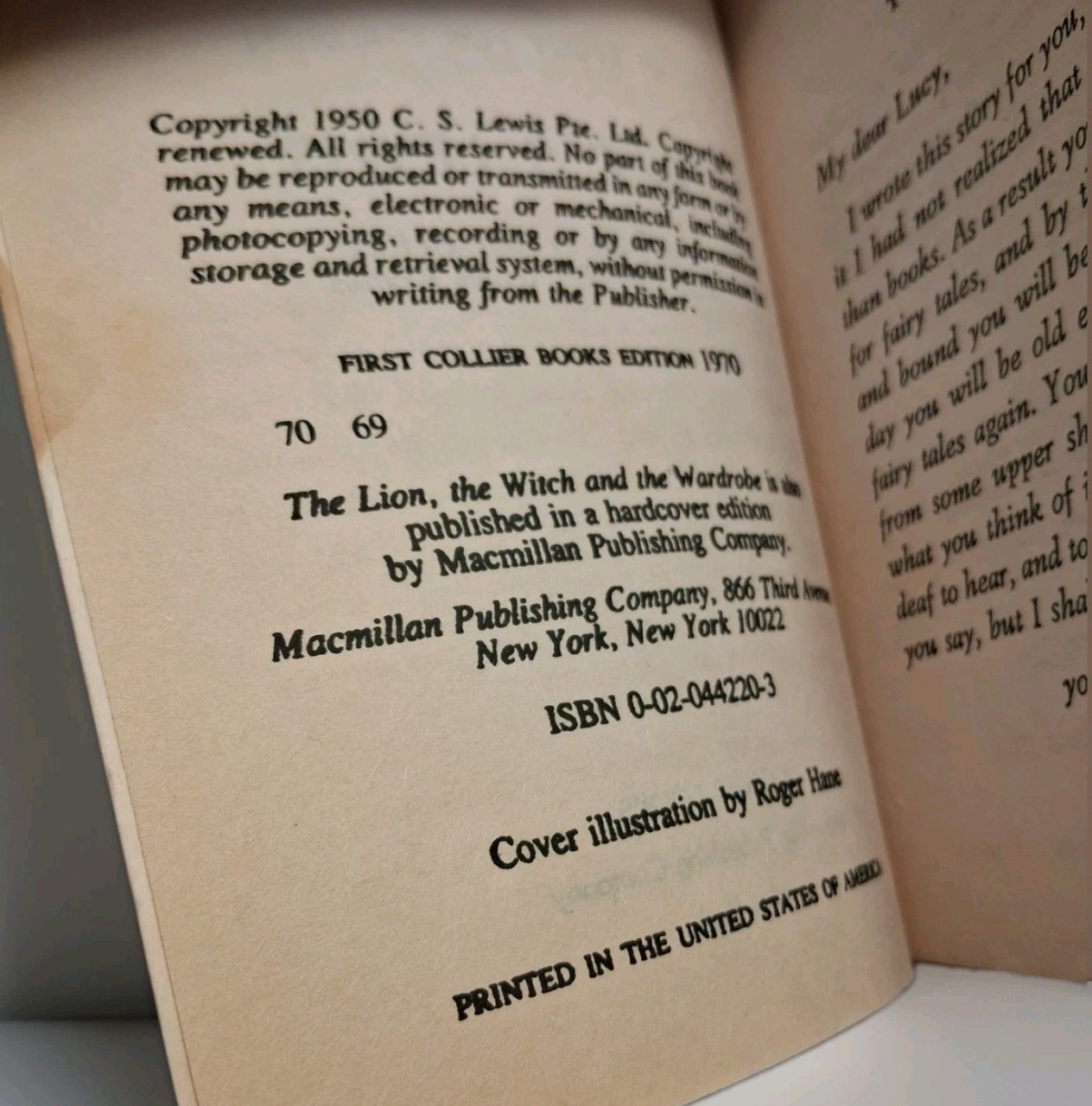The Lion, the Witch and the Wardrobe CS Lewis First Collier Books Edition 1970