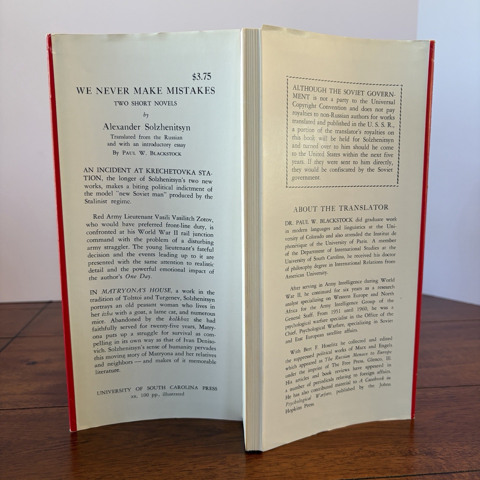 We Never Make Mistakes: Two Short Novels by Alexander Solzhenitsyn (USC 1963) HC