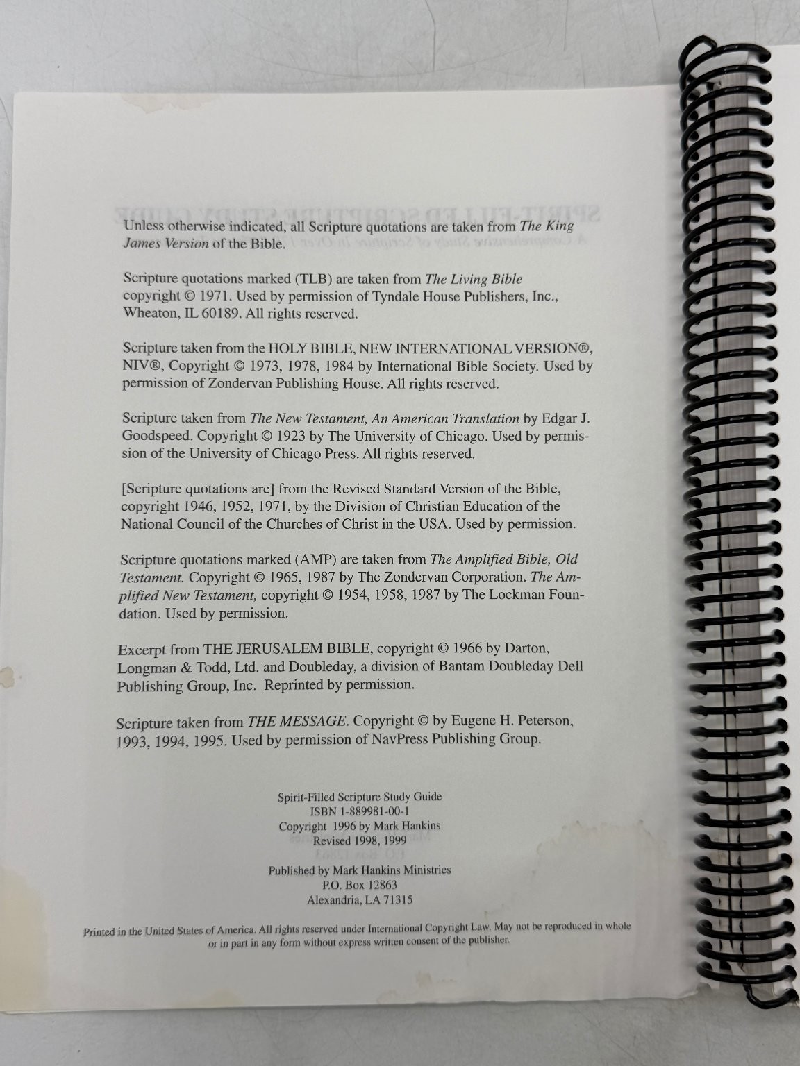 Spirit-Filled Scripture Study Guide Mark Hankins 1999 Revised Spiral-bound