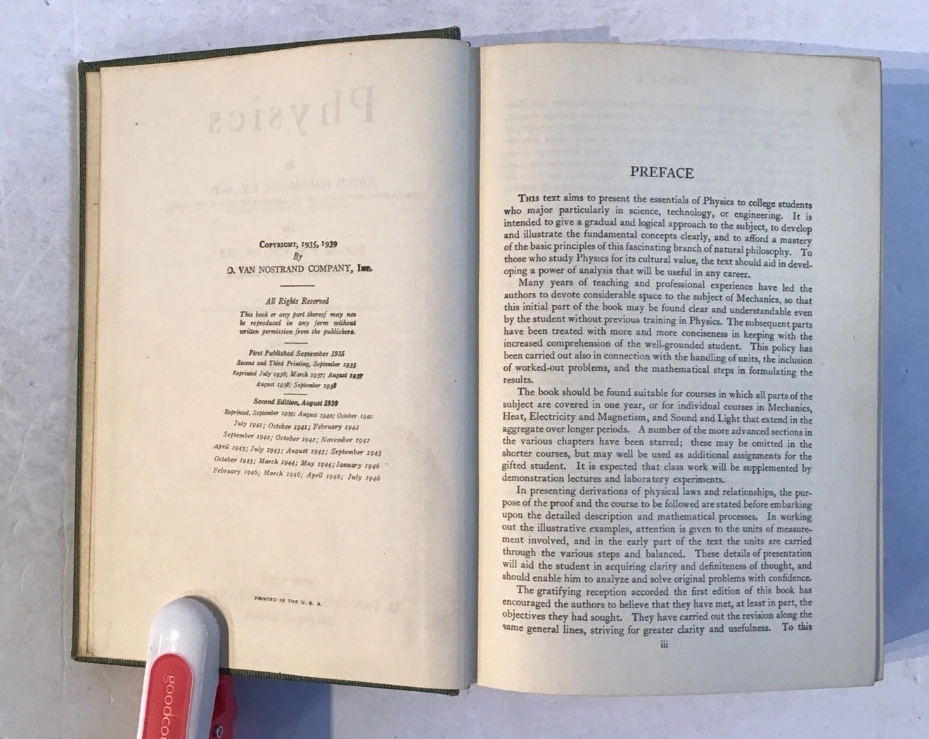 Physics, 1939, 756 pages with illustrations. Science VTG Shows Wear -writing