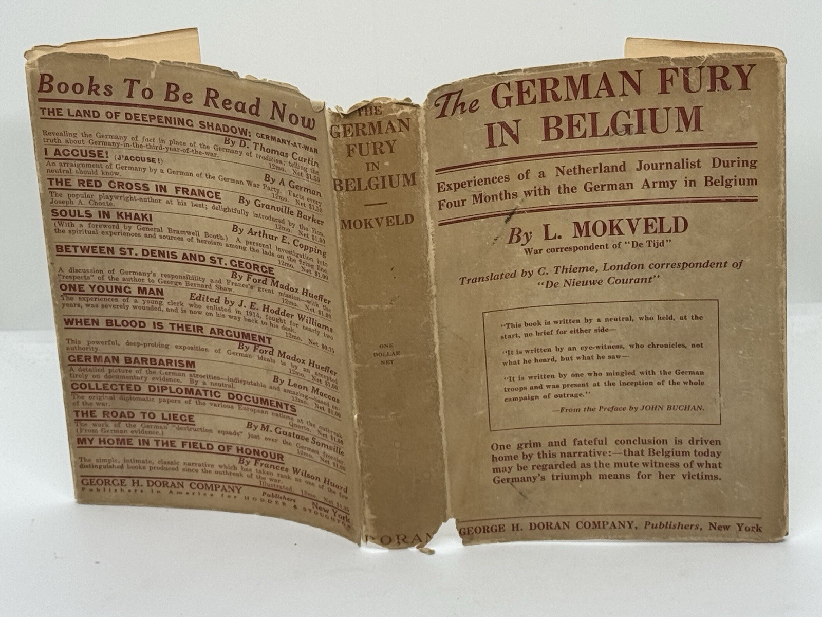 The German Fury In Belgium, Mokveld, WORLD WAR I,Original Dust Cover, 1st USA Ed