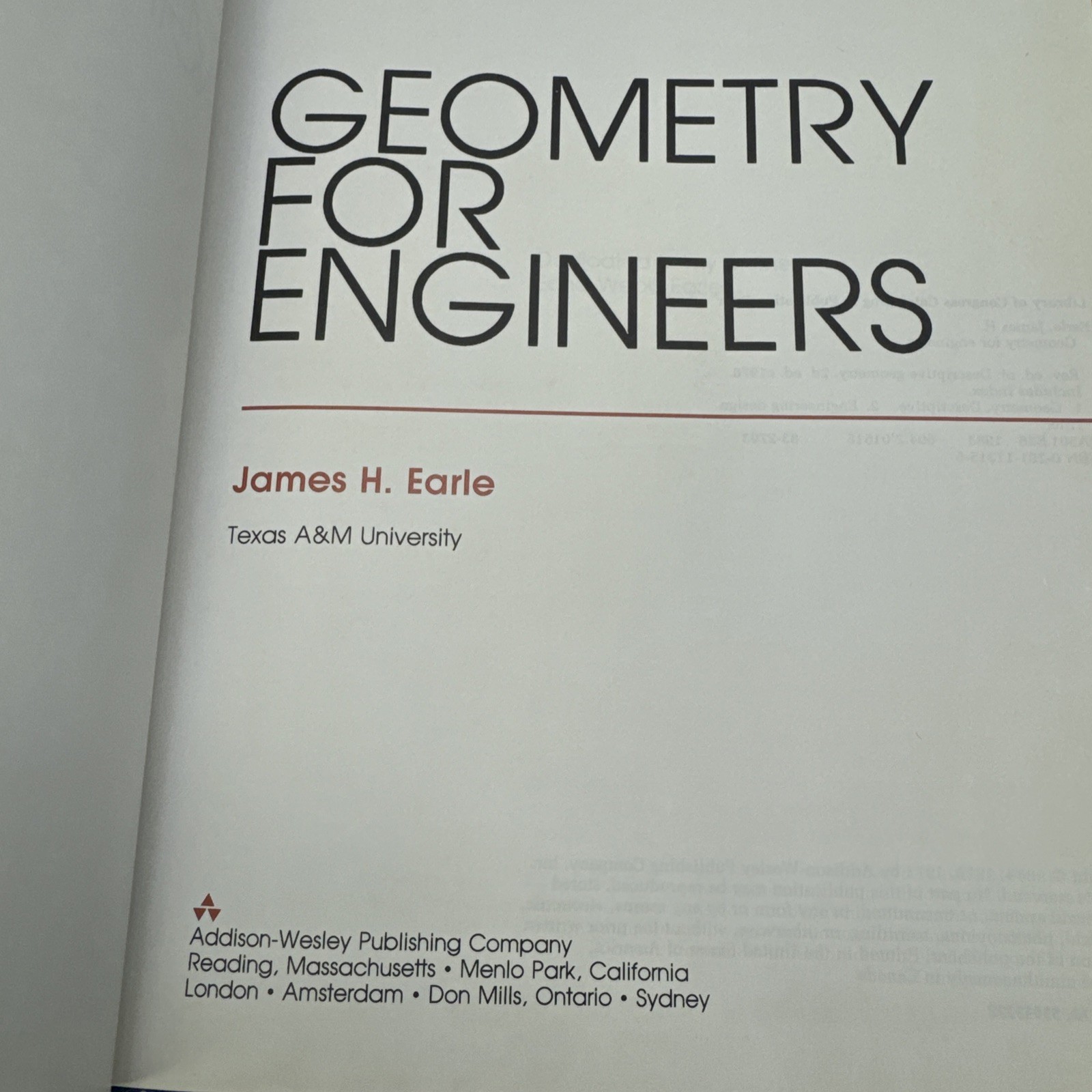 Geometry for Engineers James H. Earle 1984 HC Addison-Wesley Publishing Company