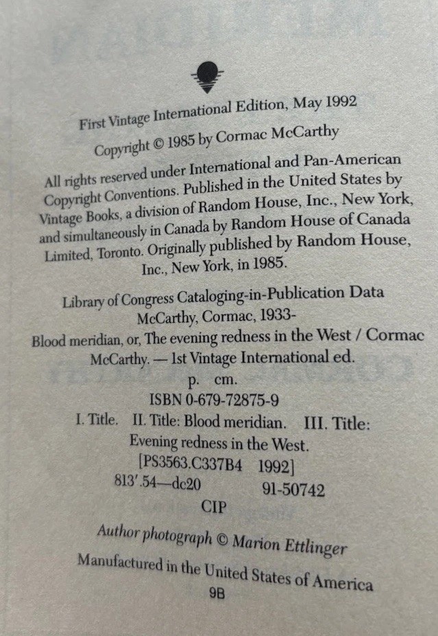 Blood Meridian By Cormac McCarthy 1992 First Vintage International Paperback 1st