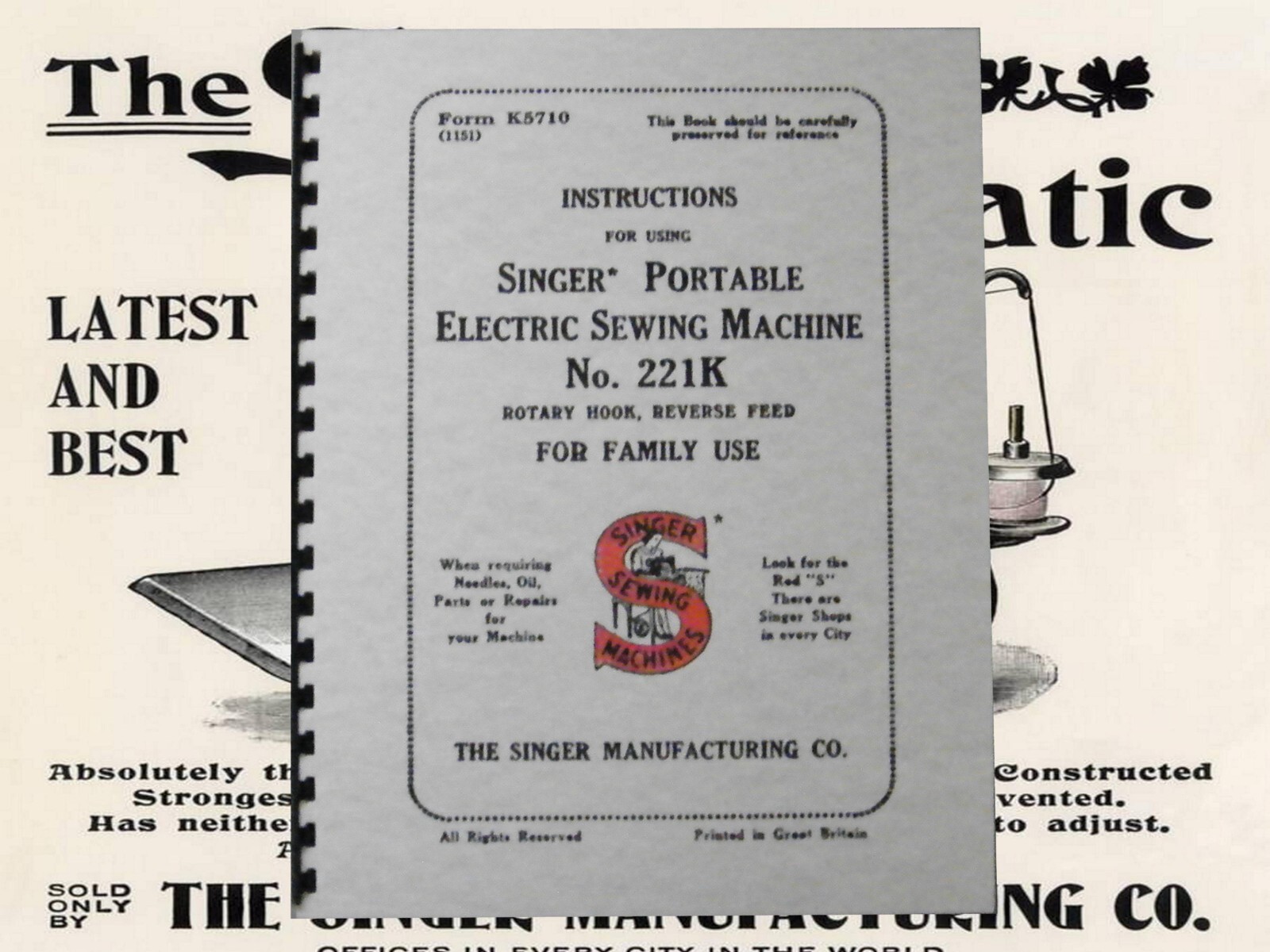 Singer Portable Sewing Machine 221K Instruction Manual „1951“ (55 Page)