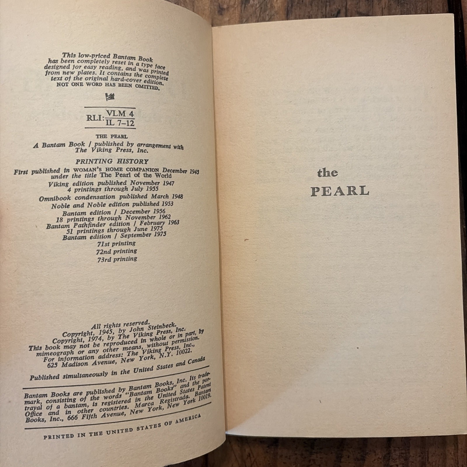The Pearl John Steinbeck 1974 Bantam Edition Classic Fiction
