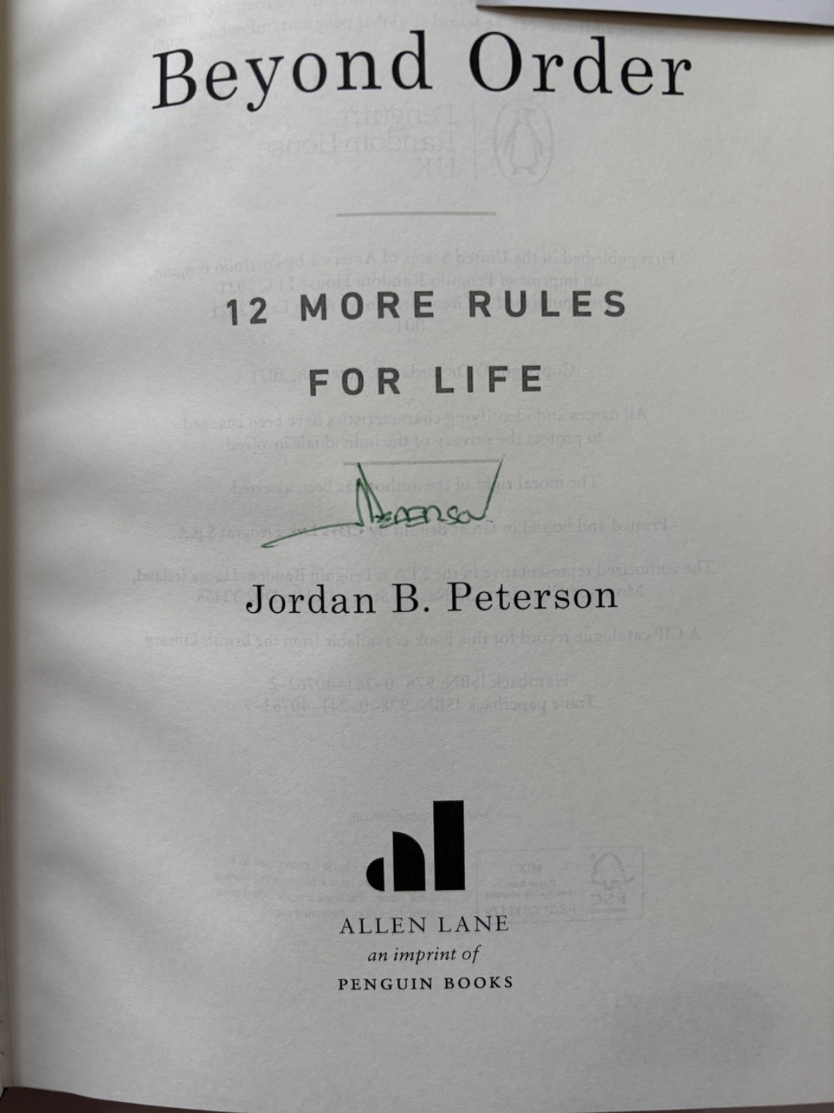 JORDAN B PETERSON SIGNED BEYOND ORDER 1ST HC BOOK 12 MORE RULES FOR LIFE JSA