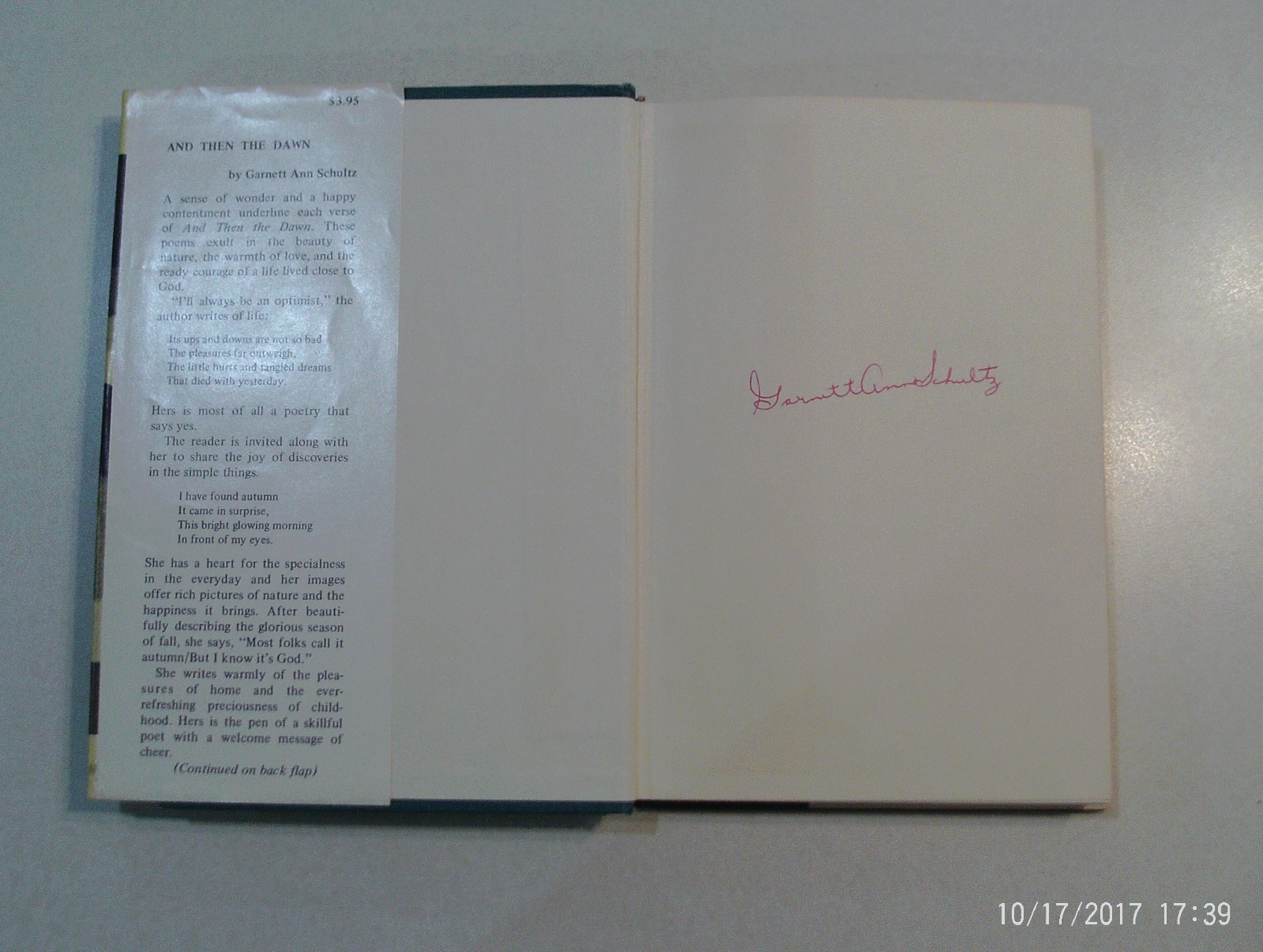 And Then The Dawn by Garnett Ann Schultz 1972 Hardcover / Dust Jacket – Signed