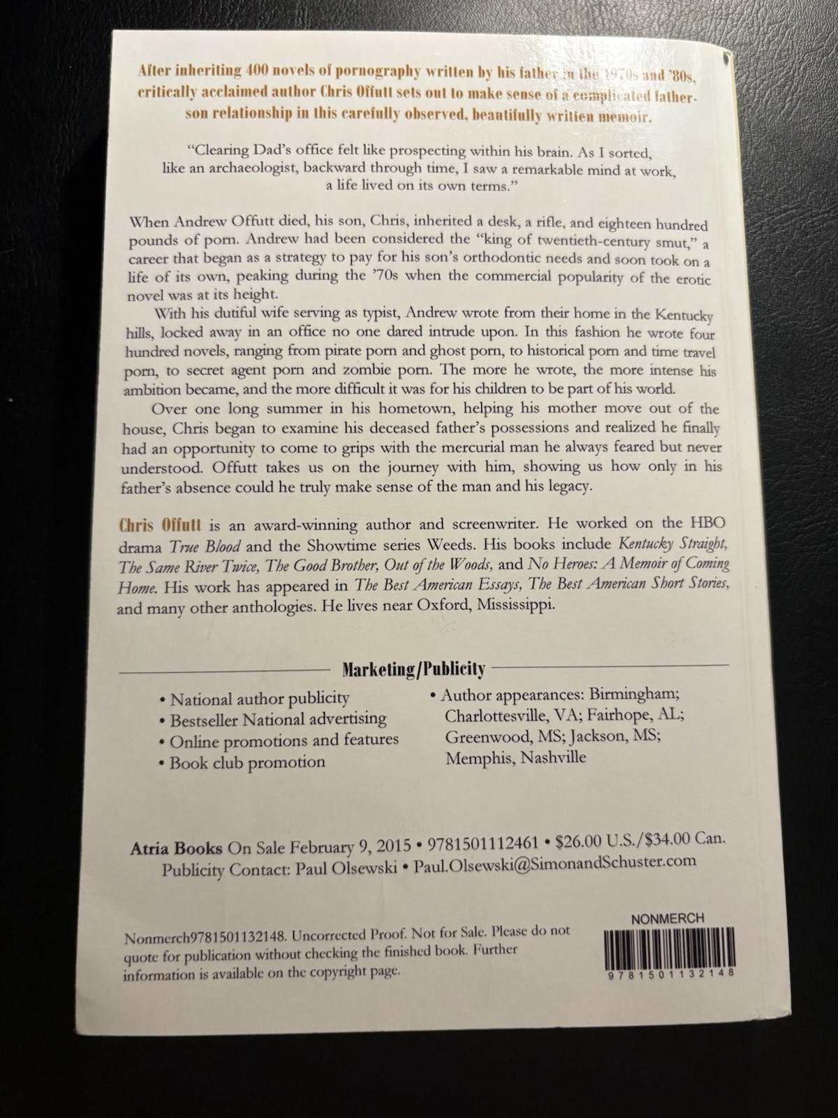 Chris Offutt My Father The Pornographer ARC Advance Uncorrected Proof Memoir