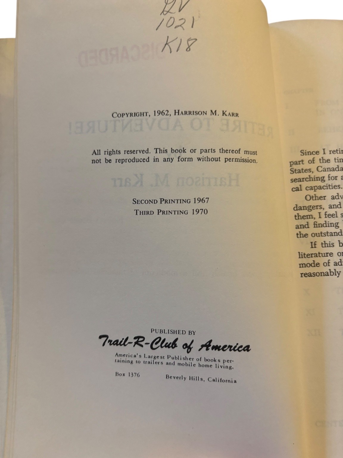 Retire to Adventure! Harrison M. Karr 1962 3rd Printing Travel Publisher