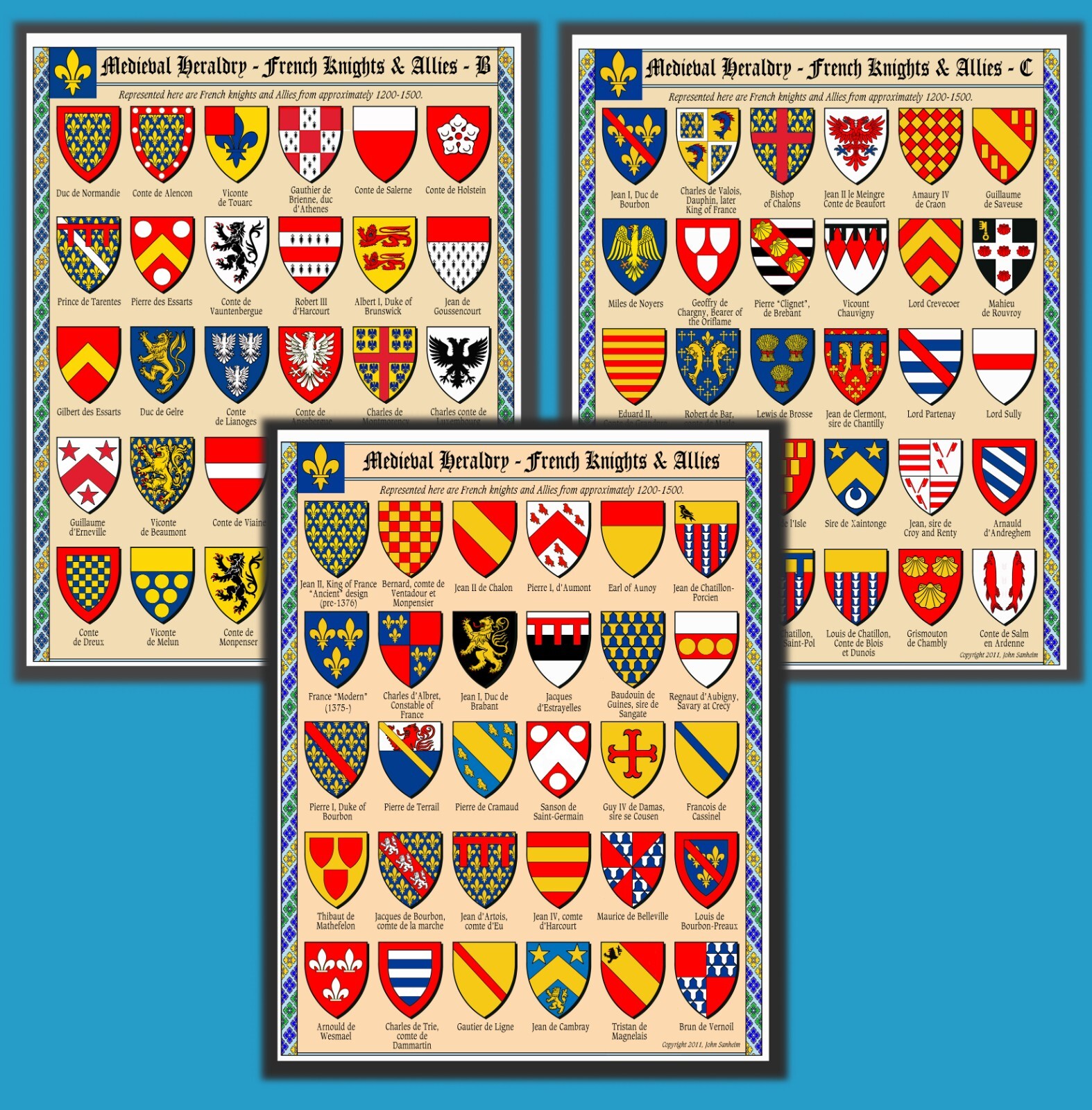 HERALDRY OF ENGLISH AND FRENCH KNIGHTS – 6 prints – 180 Total Designs