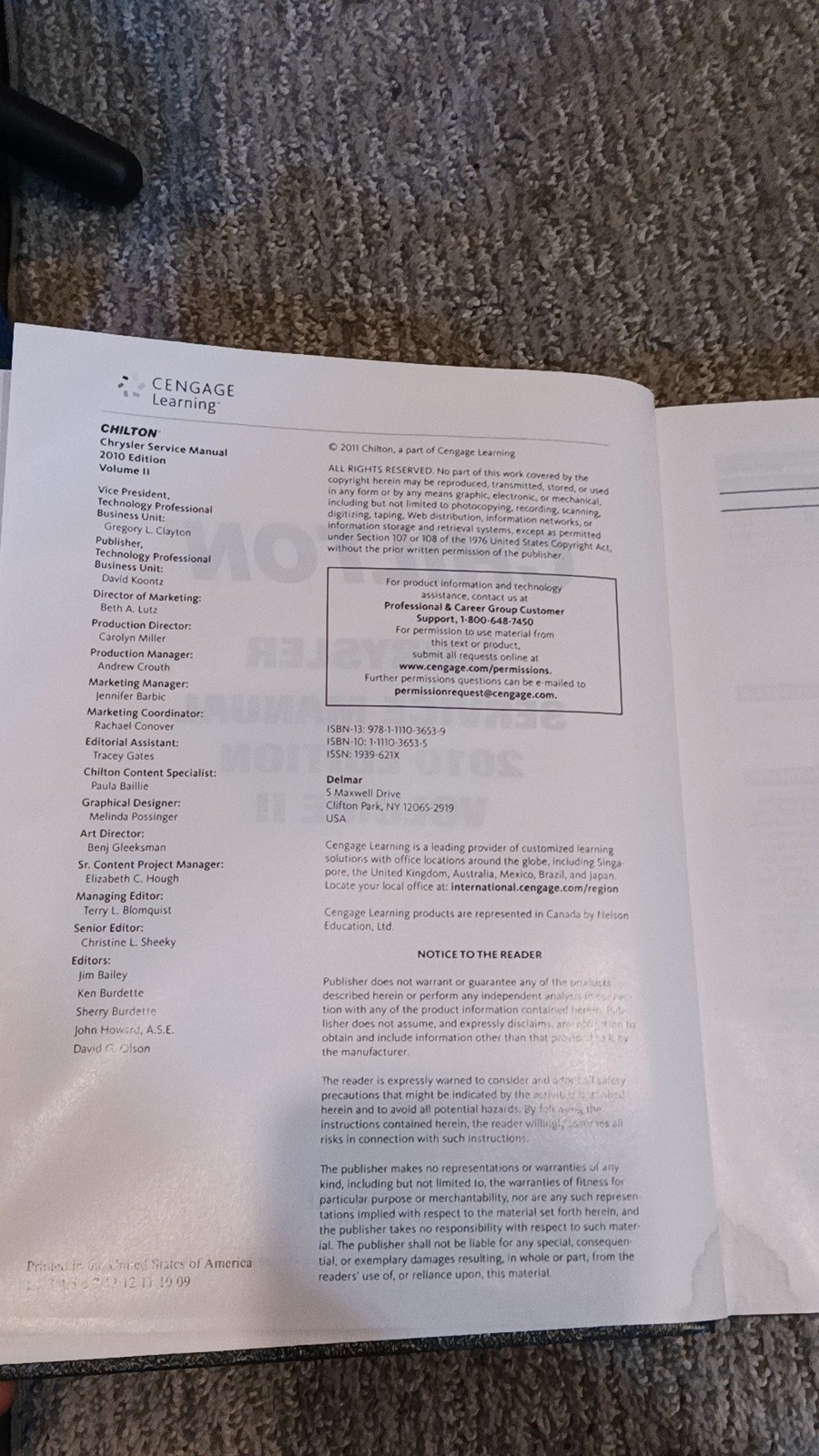 Chilton Chrysler Service Manual 2010 Edition Volume II Cengage Learning [VG]