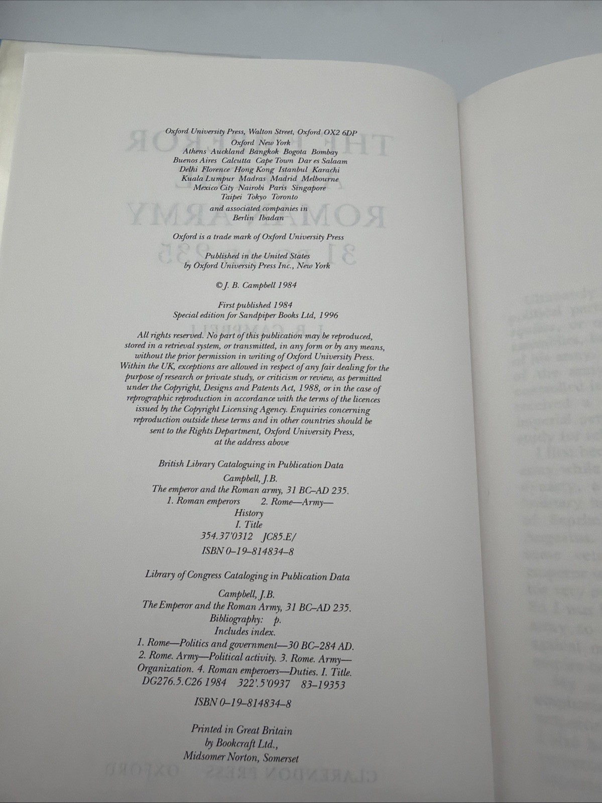 Emperor and the Roman Army J B Campbell 1996 Sandpiper Hardcover Dust Jacket