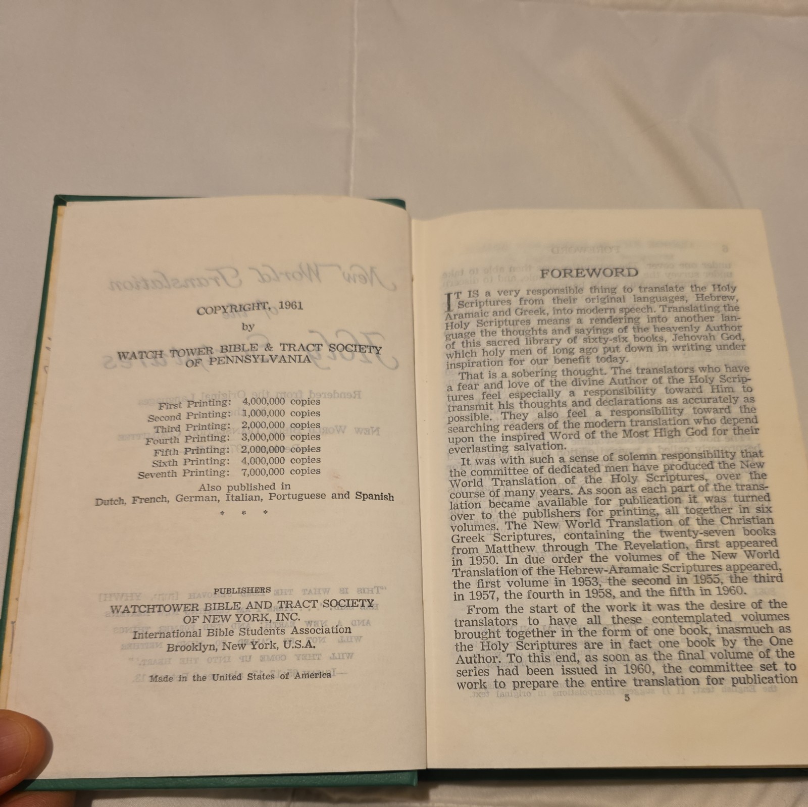 1970 New World Translation Of The Holy Scriptures green Watchtower 7th Print