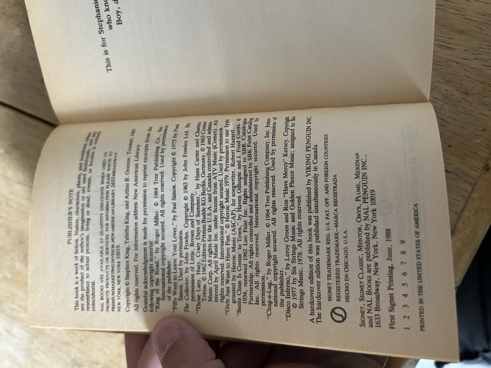 1988 First Signet Printing Stephen King Misery Paperback