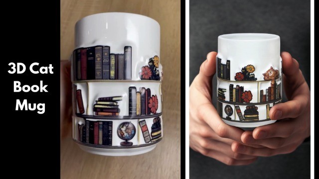 3D Embossed Book Mugs for Readers – 15oz Library Shelf Cup, Cat Lovers Gift