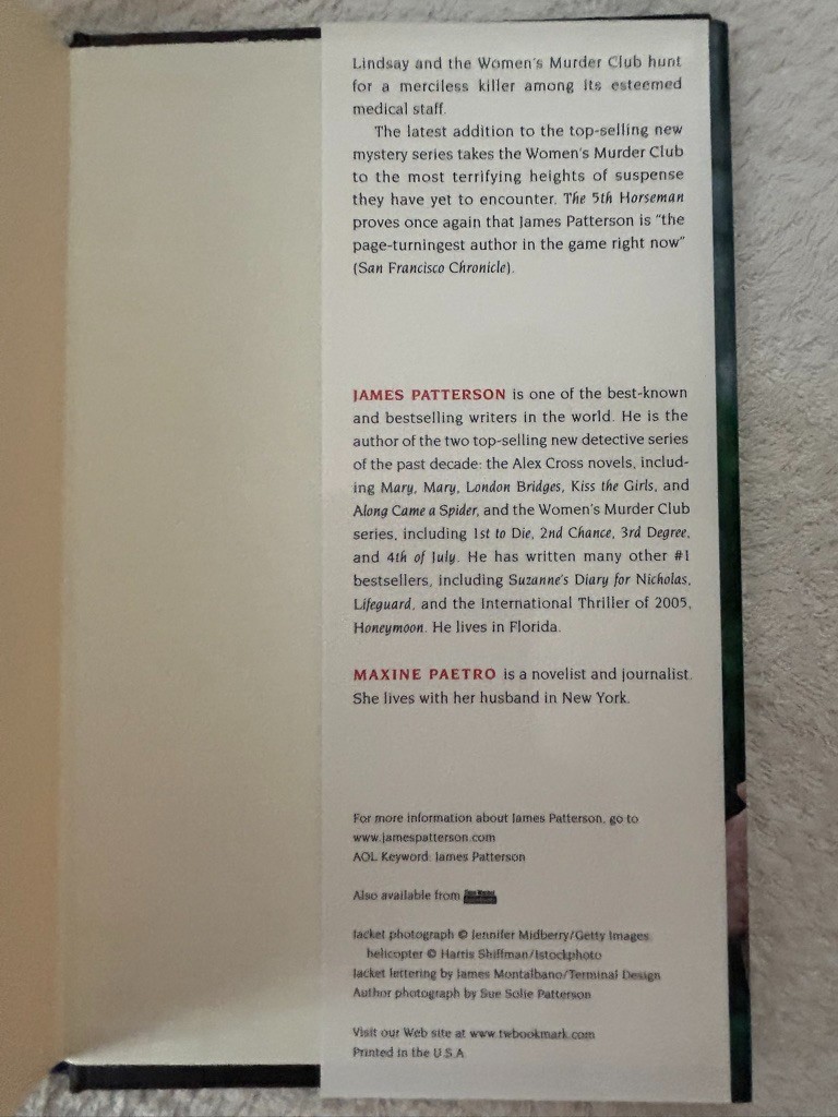 James Patterson, 2nd Chance; 5th Horseman; Alert; Sunday’s at Tiffany’s