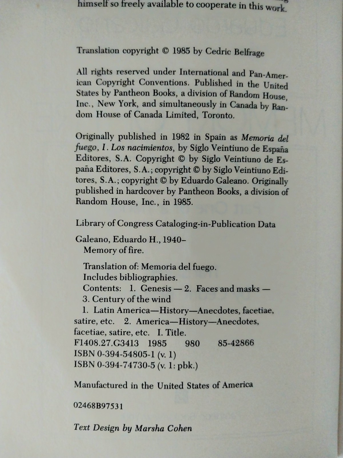 Eduardo Galeano – Memory of Fire Volume I – Genesis – Pantheon Books