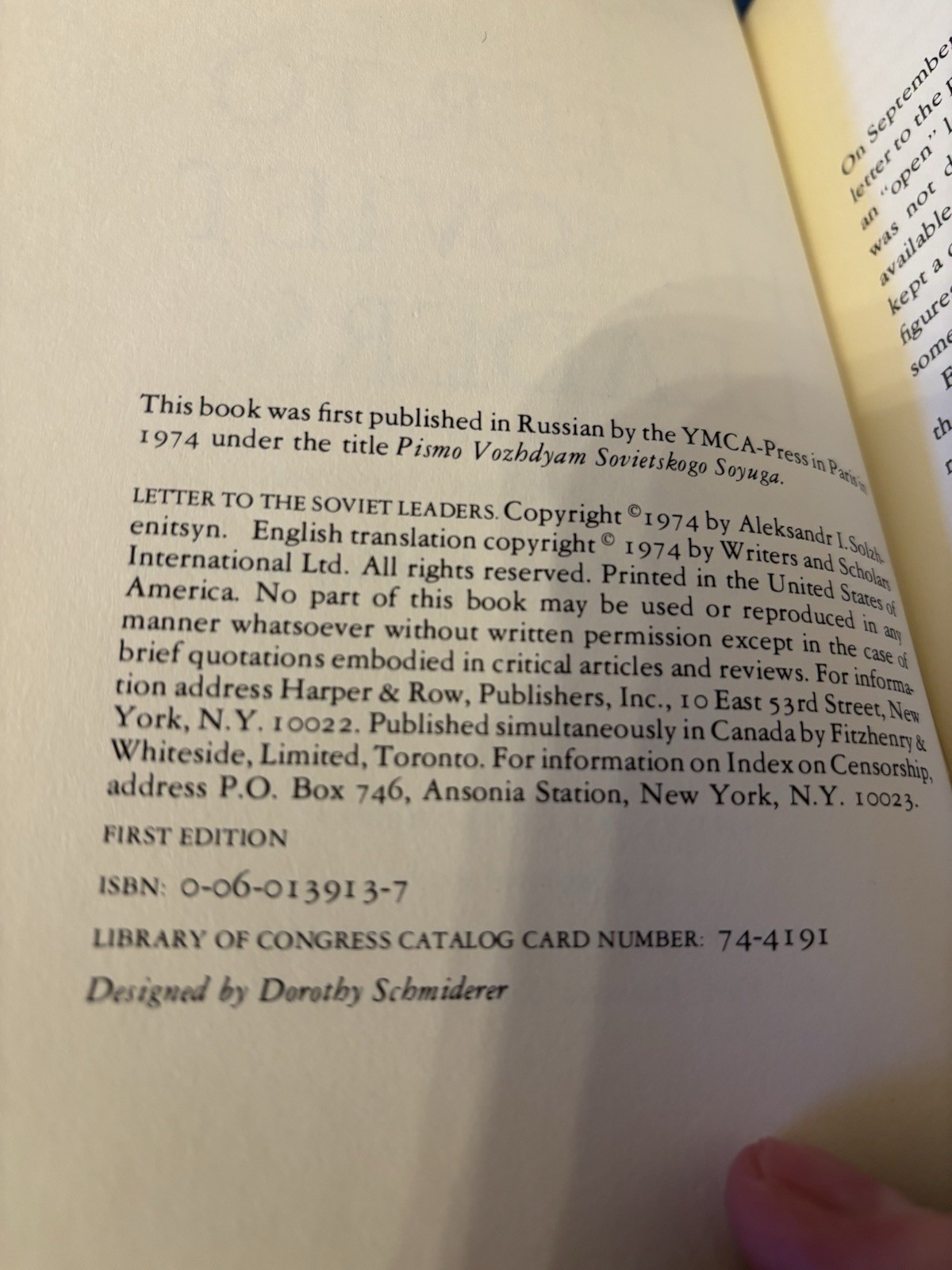 Letter to the Soviet Leaders Alexsandr Solzhenitsyn 1st HC Ptg Harper 1974