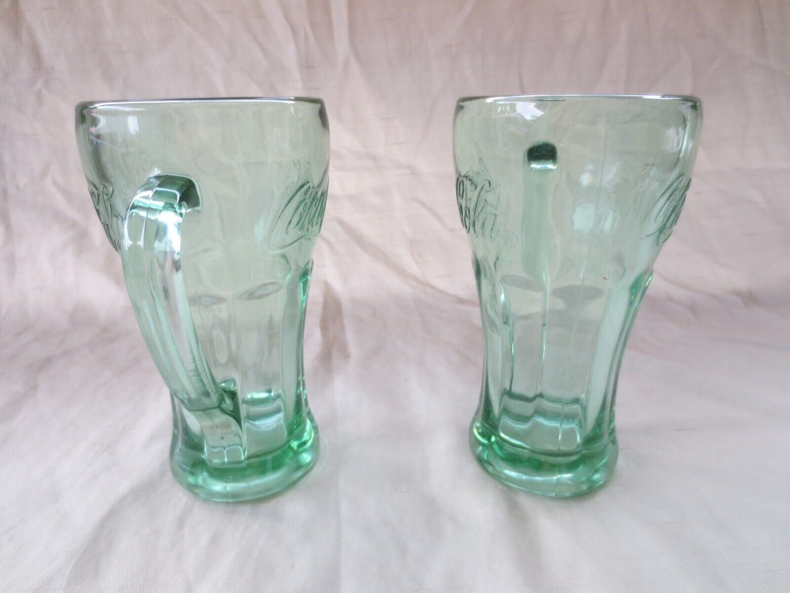 Pair Vintage Libbey Green Coca-Cola (Coke) Thick Heavy Glass Mug w/ Handle 14 oz