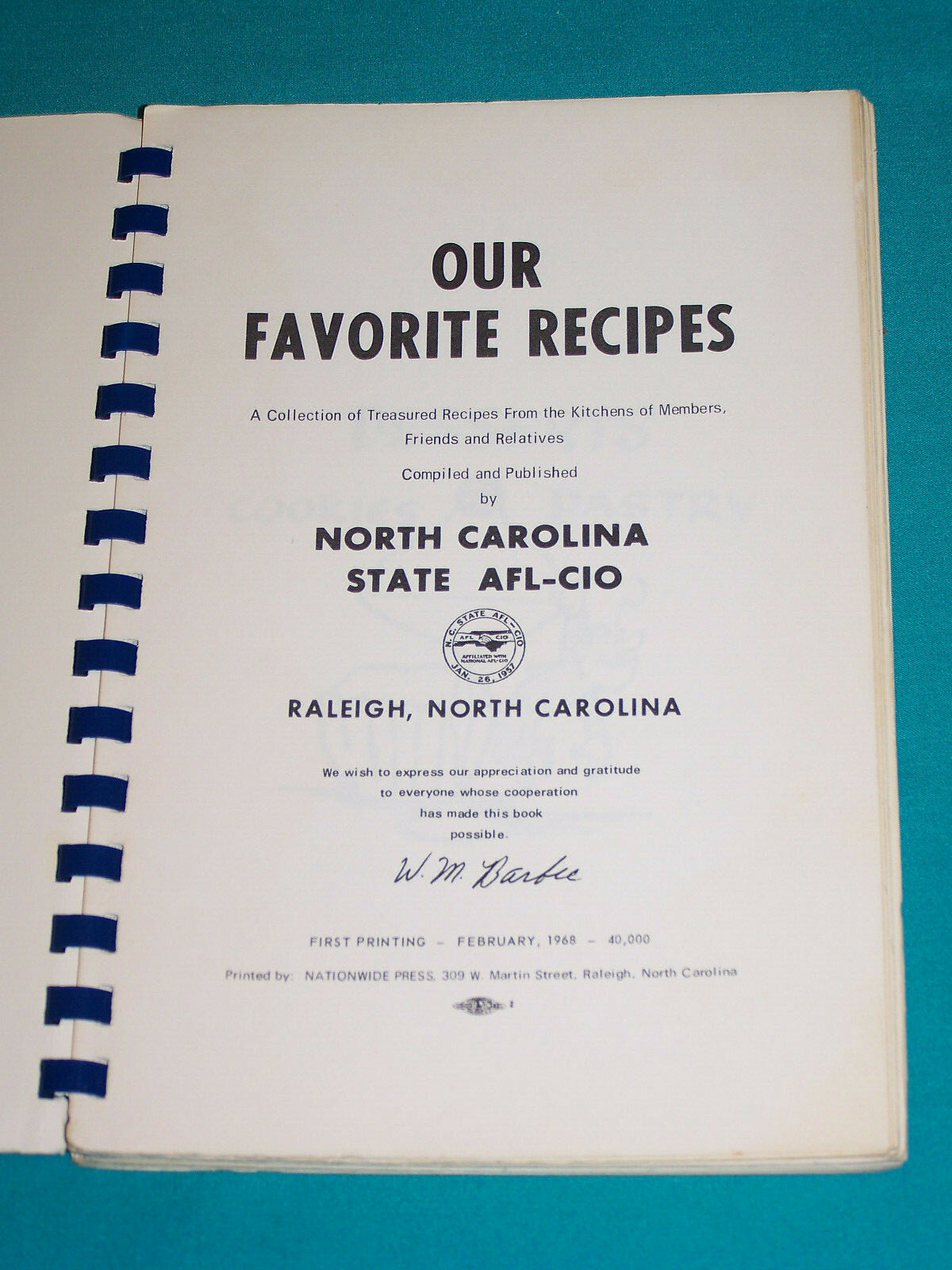 1968 NORTH CAROLINA STATE AFL-CIO COOKBOOK Raleigh NC North Carolina