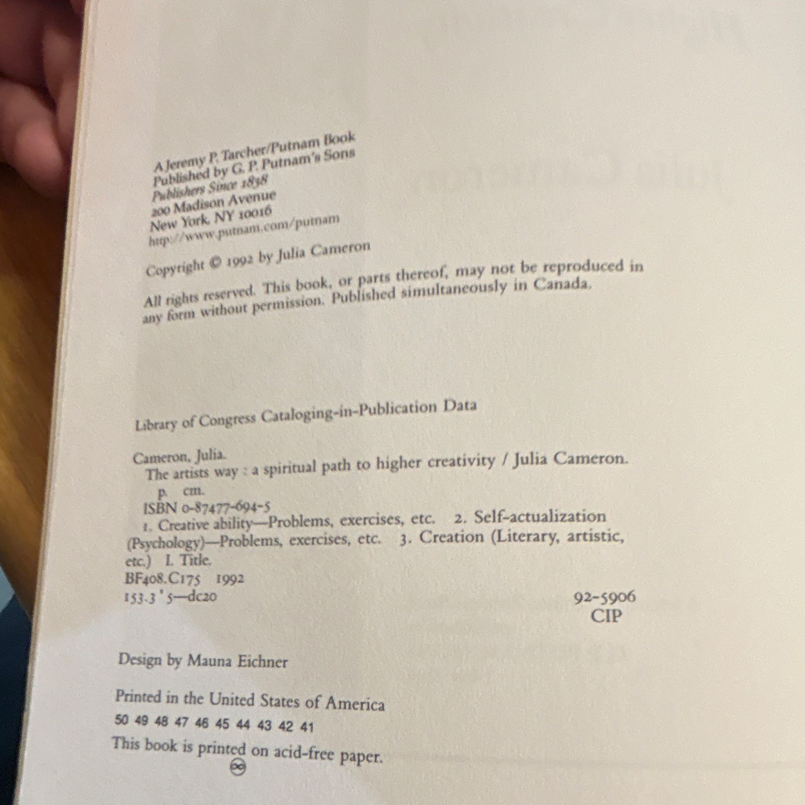 The Artist’s Way Julia Cameron Paperback 1992 An Inner Work Book Workbook