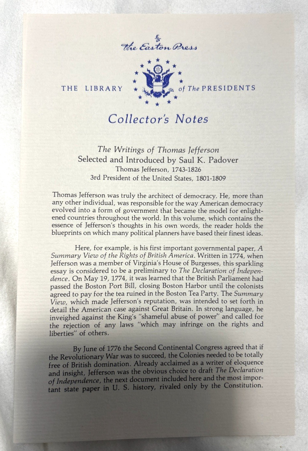 Easton Press Writings Of Thomas Jefferson Library of the Presidents