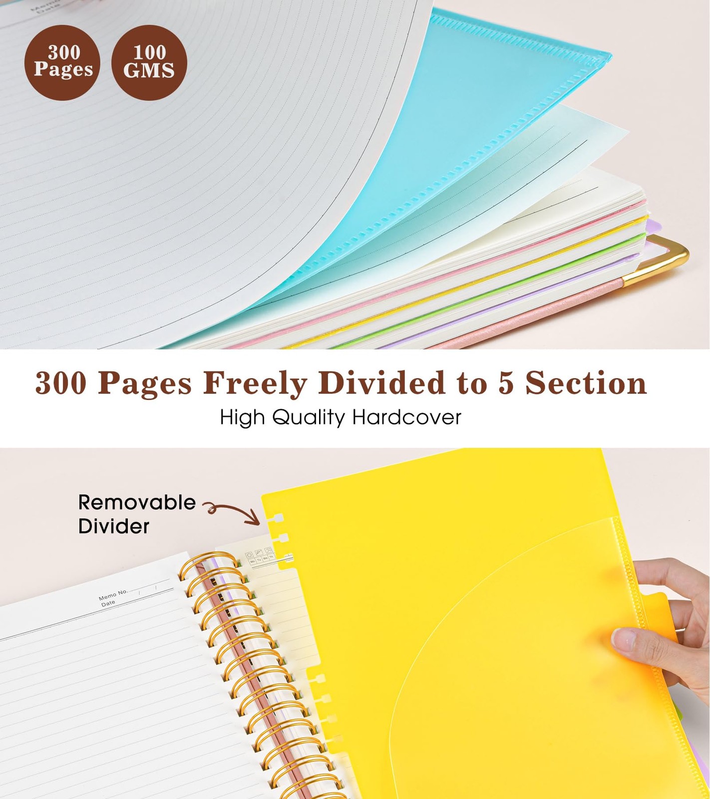 Hardcover Spiral Notebook with Removable Dividers Tabs, 300 pages Leather 5 S…