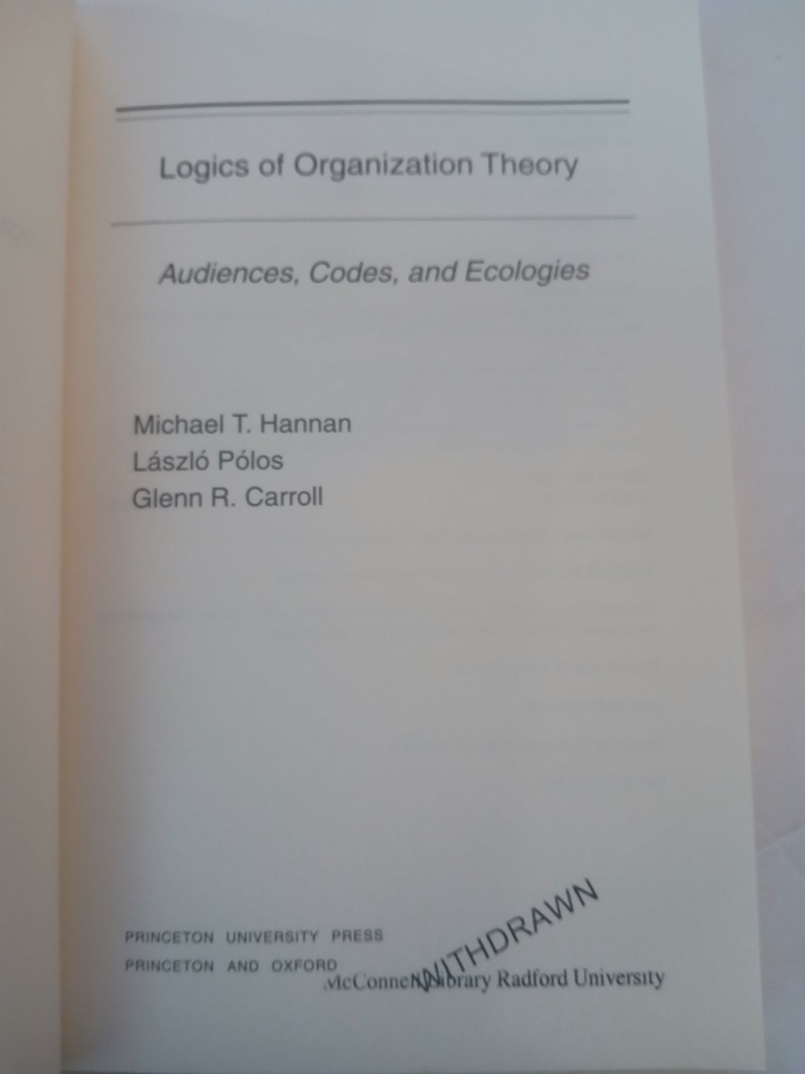 Logics of Organization Theory Hannan Pólos Carroll 2007 Princeton Press