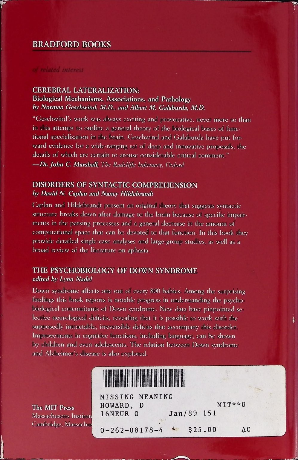 Missing the Meaning? Howard Franklin 1988 First Ed Aphasia MIT Press