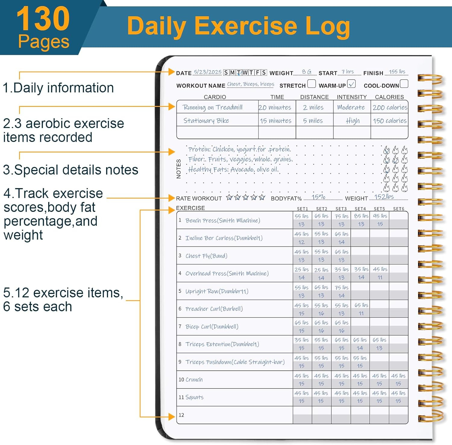 Undated Fitness Workout Journal for Men & Women, A5(8.5″ x 6.7″) Fitness Journal