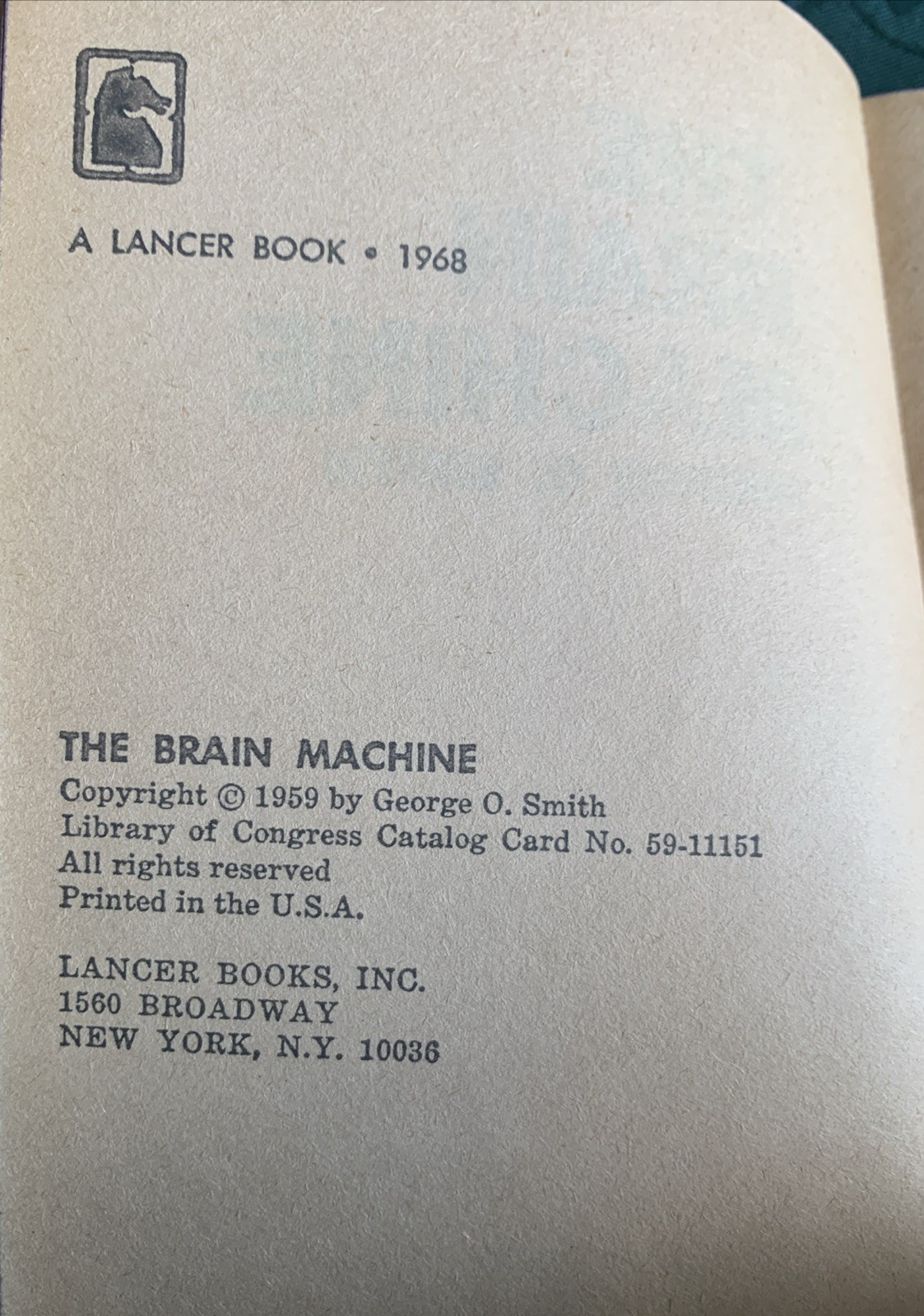 The Brain Machine George O. Smith PB 1st Lancer (1968)