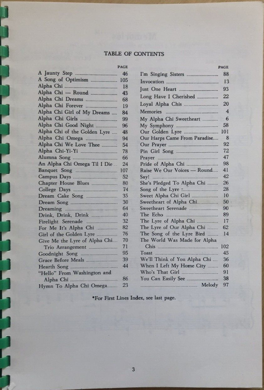 Songs of Alpha Chi Omega, 1952 paperback 11th Ed. Revised, 112 pages w/ 64 songs
