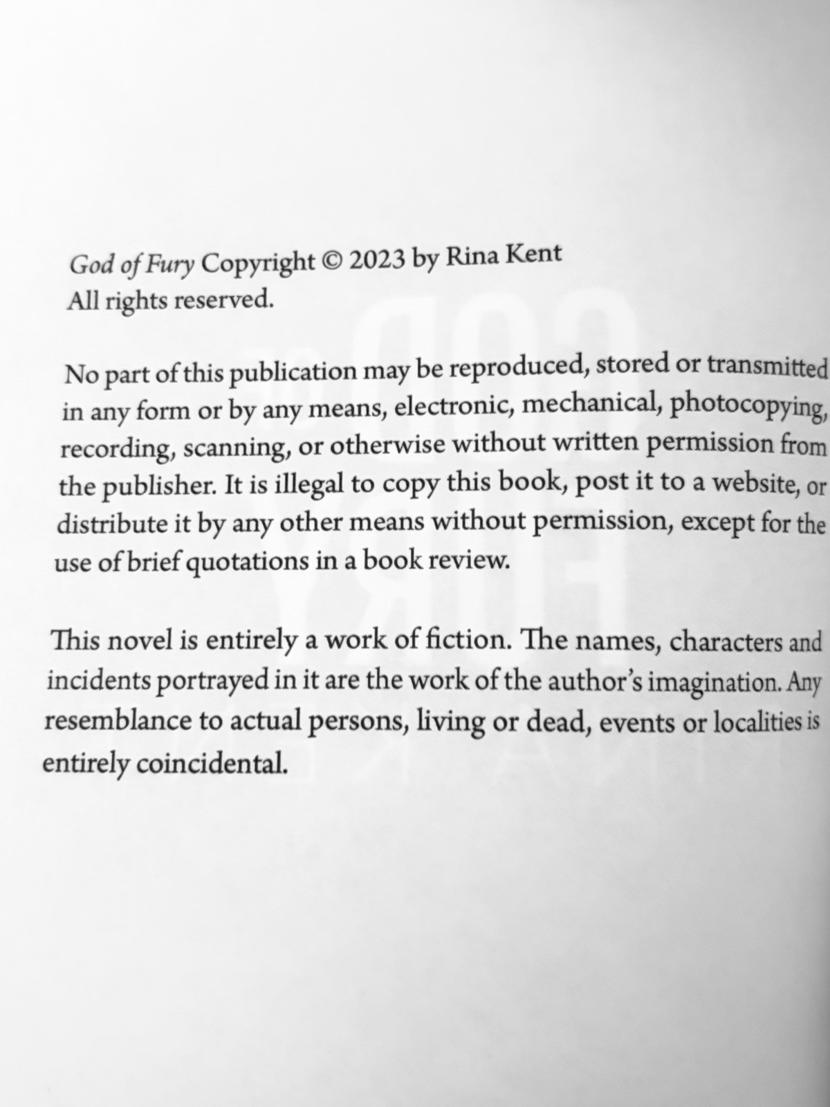 God of Fury (Legacy of Gods) by Rina Kent .. 2023 1st Ed Trade Paperback ..OOP