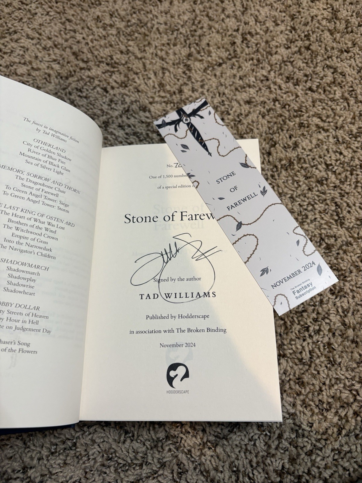 Broken Binding Dragonbone Chair Signed T1 Tad Williams Memory, Sorrow, and Thorn