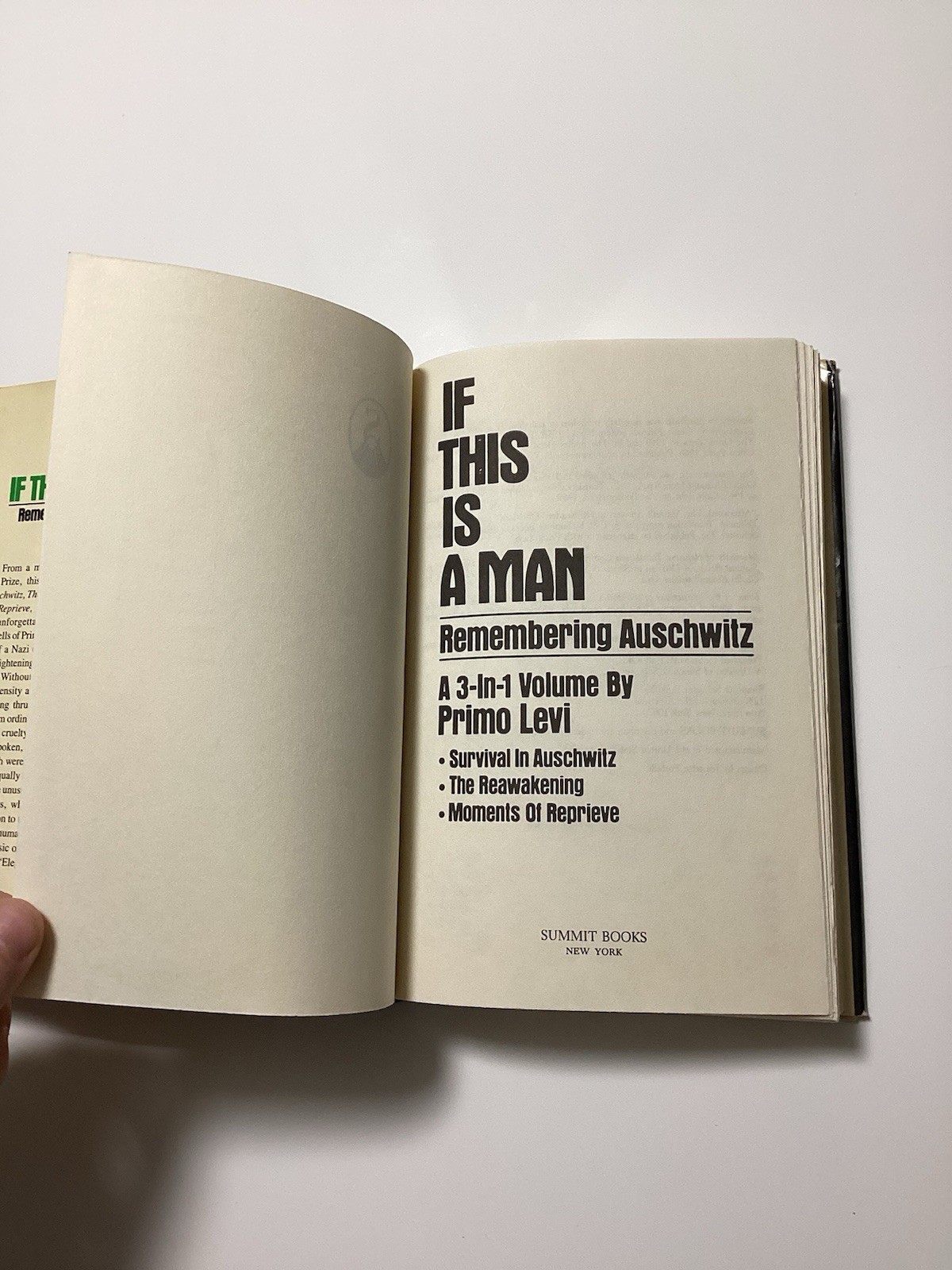 If This Is A Man Remembering Auschwitz A 3-In-1 Volume By Primo Levi 1986