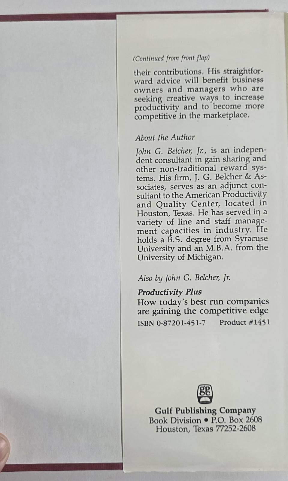 GAIN SHARING By John G. Belcher – Hardcover **Mint Condition**