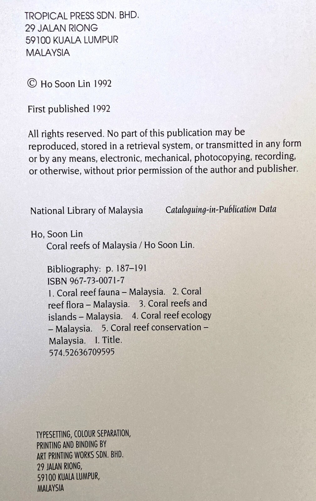 Coral Reefs of Malaysia Ho Soon Lin Hard Cover Dust Jacket 1992